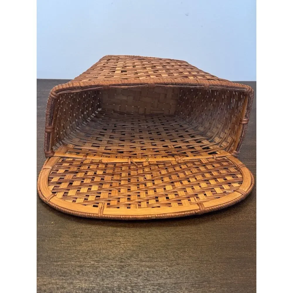 Woven Wicker Basket Two Tone Brown Pocket Flat Back Boho Farmhouse Decor Storage